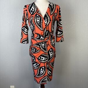 Diane von Furstenberg Womens Evrin Wrap Dress Size 4 Coral Black Paisley Silk